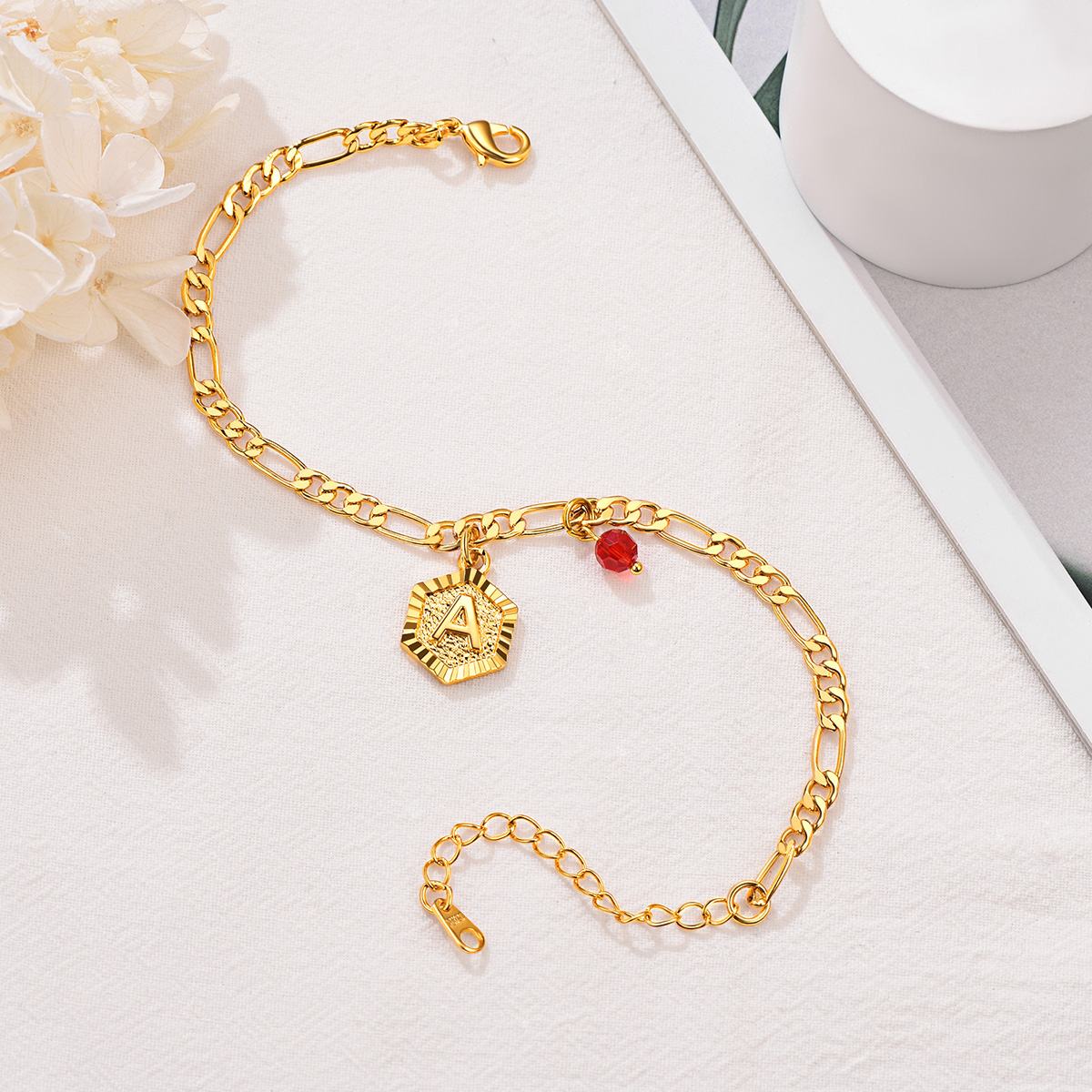 Personalized Figaro Chain Initial Birthstone Charm Anklet 