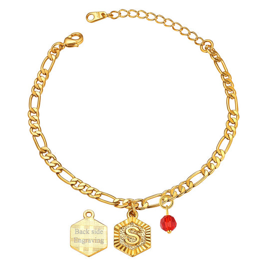 Personalized Figaro Chain Initial Charm Anklet with Birthstone