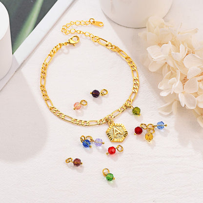 Personalized Figaro Chain Initial Charm Anklet with different Birthstone