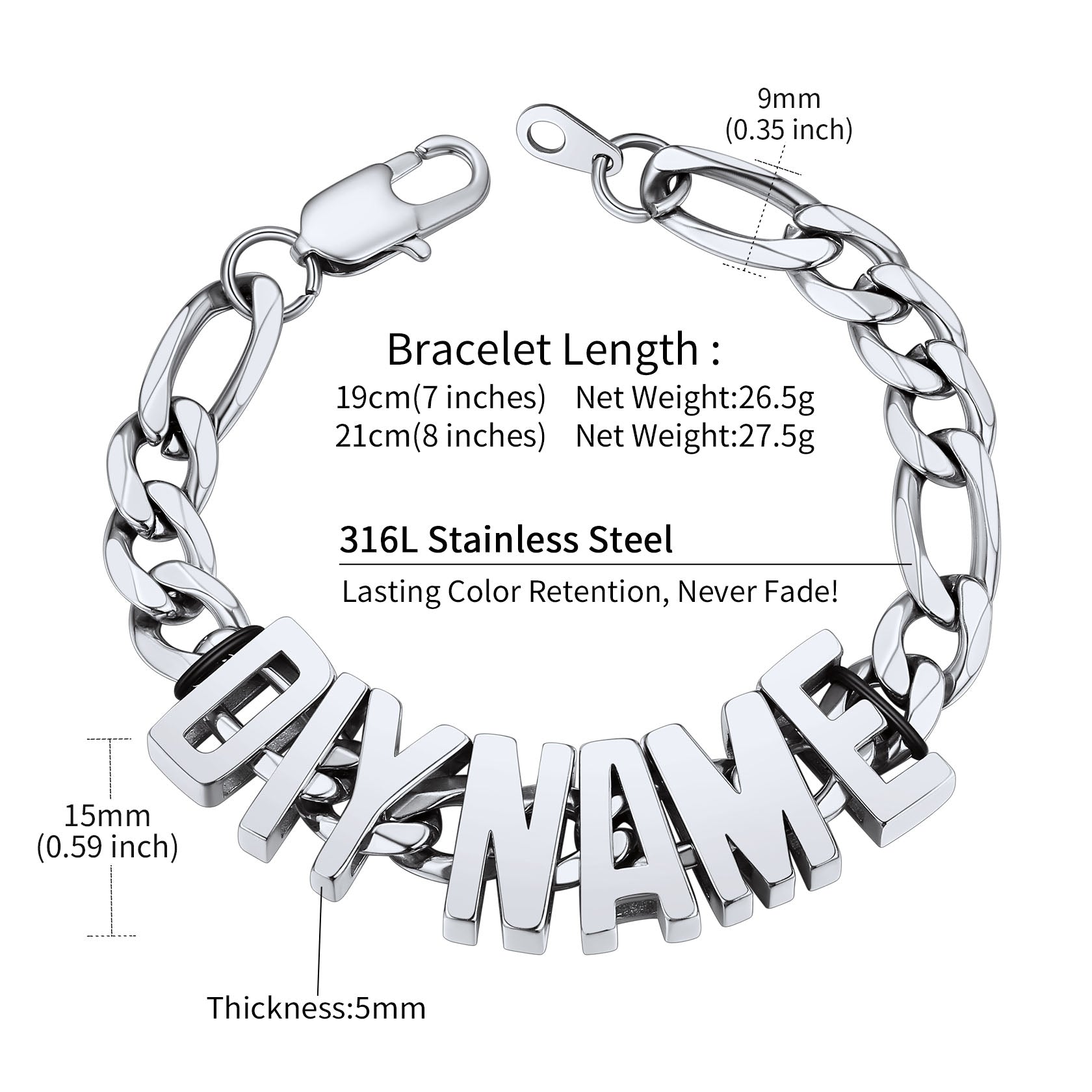 Personalized Figaro Link Name Bracelet Dimension, Durable