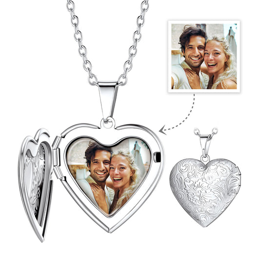 Personalized Flower Heart Locket Necklace with Pictures