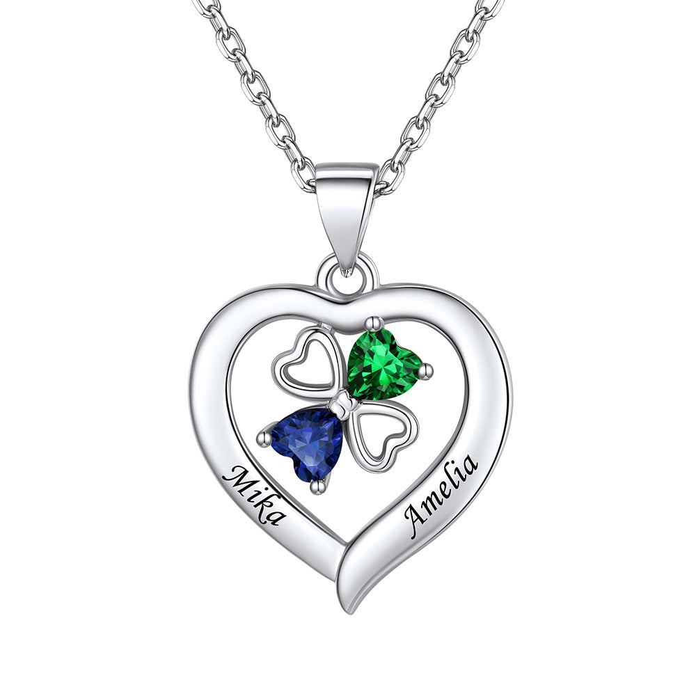 Personalized Four Leaf Clover Heart Birthstone Necklace