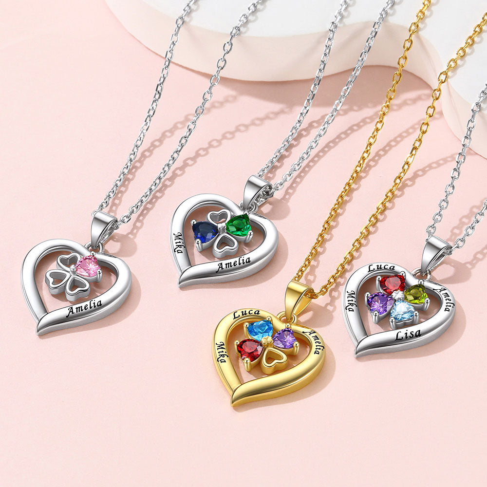 Personalized Four Leaf Heart Birthstone Necklace