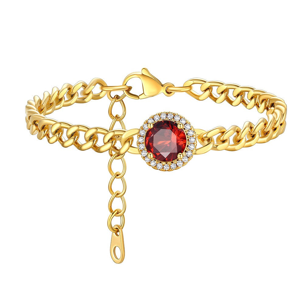 Personalized Halo Birthstone Cuban Chain Bracelet Gold