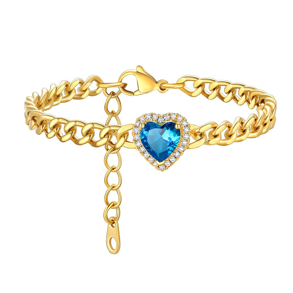 Personalized Halo Heart Birthstone Cuban Link Bracelet Gold Plated