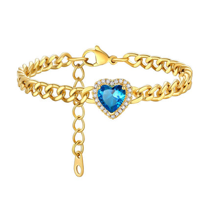 Personalized Halo Heart Birthstone Cuban Link Bracelet Gold Plated