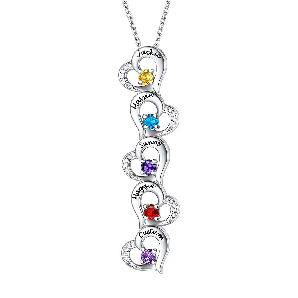 Personalized Heart 1-5 Birthstone Necklace 5 hearts