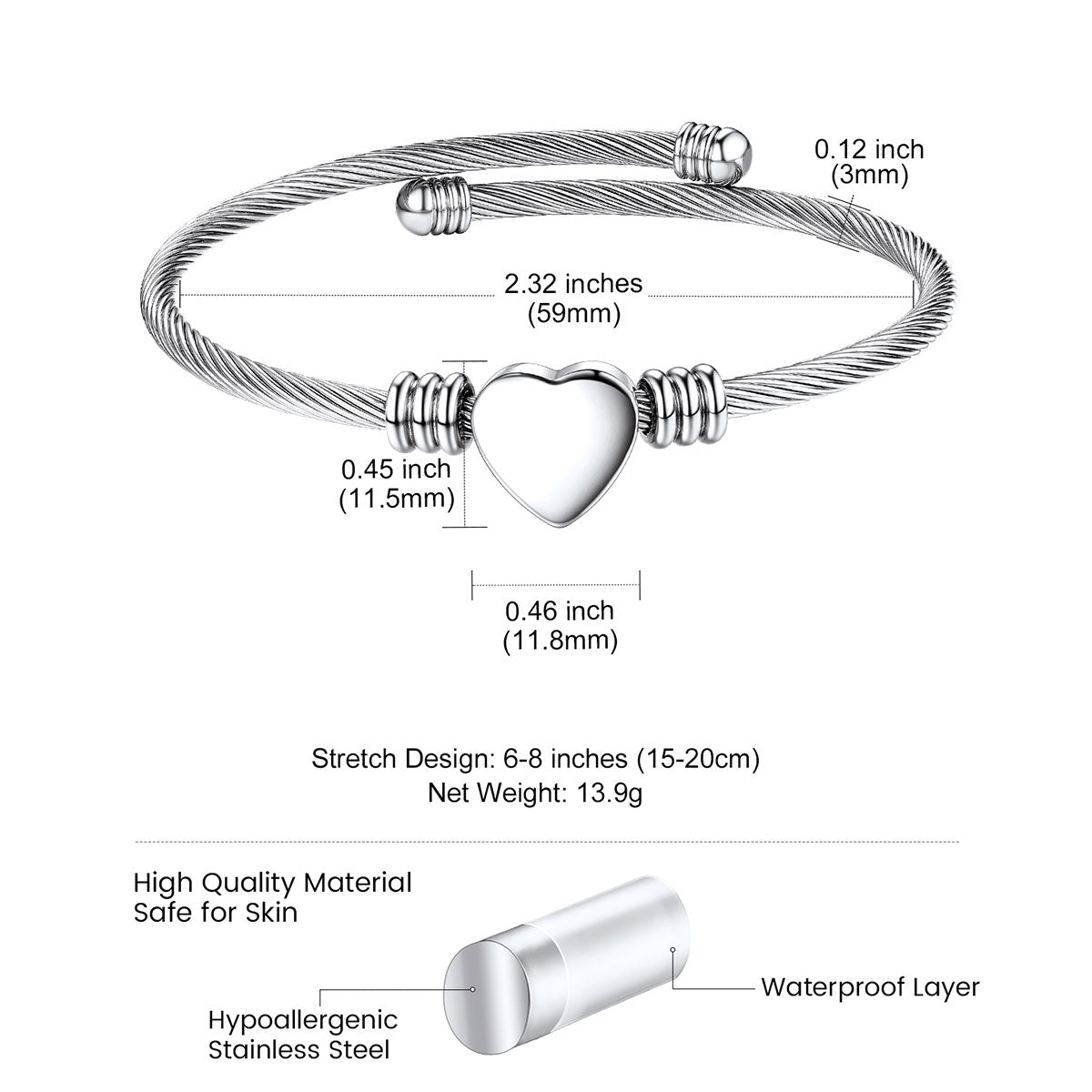 Personalized Heart Charm Cuff Bracelet Dimension, Durable