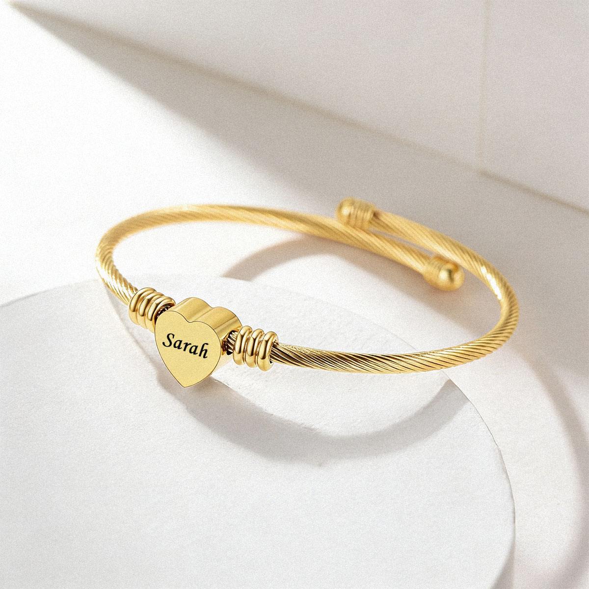 Personalized Heart Charm Cuff Bracelet in Gold Plated