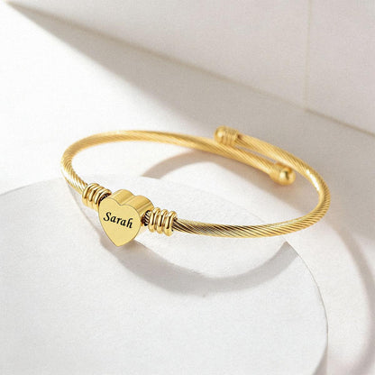 Personalized Heart Charm Cuff Bracelet in Gold Plated