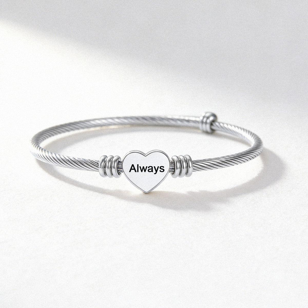 Personalized Heart Charm Cuff Bracelet in White Gold Plated