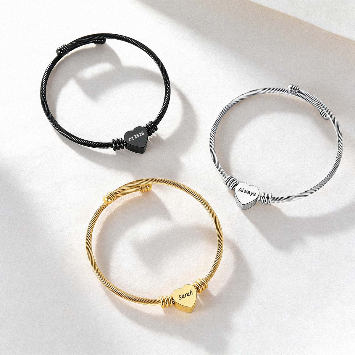 Personalized Heart Charm Cuff Bracelet in different color