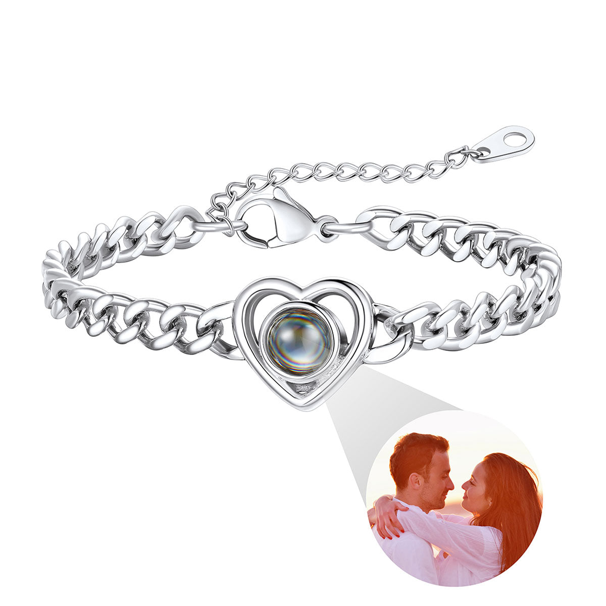 Personalized Heart Charm Photo Projection Bracelet Cuban Chain Bracelet