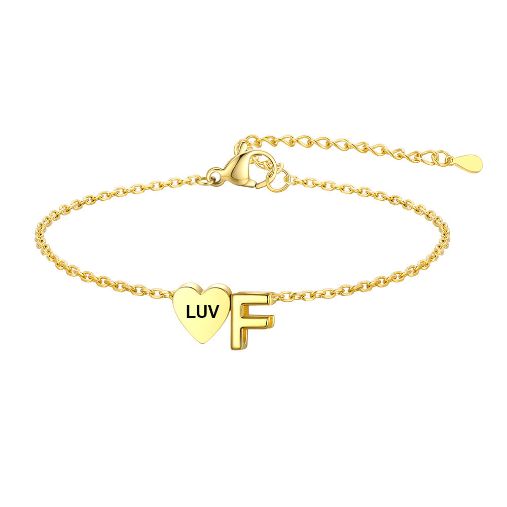 Personalized Heart Initial F Bracelet for Women Gold Plated