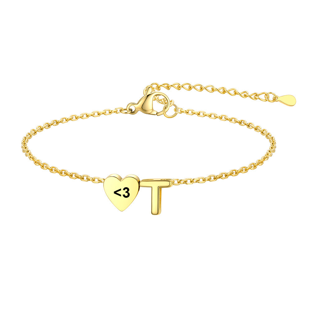 Personalized Heart Initial T Bracelet for Women Gold Plated