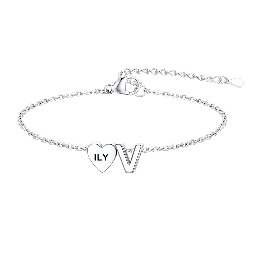 Personalized Heart Initial V Bracelet for Women