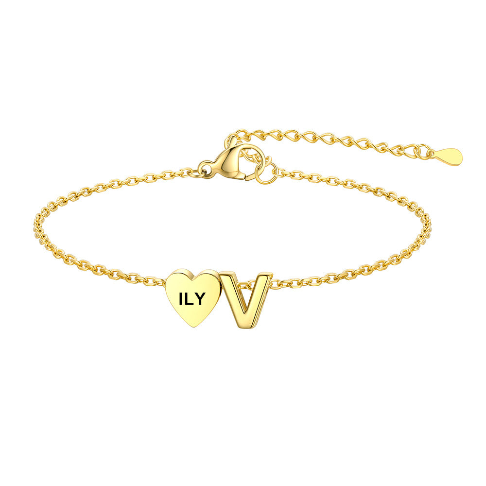 Personalized Heart Initial V Bracelet for Women Gold Plated