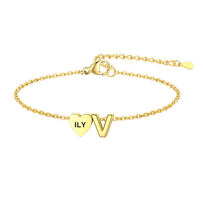 Personalized Heart Initial V Bracelet for Women Gold Plated
