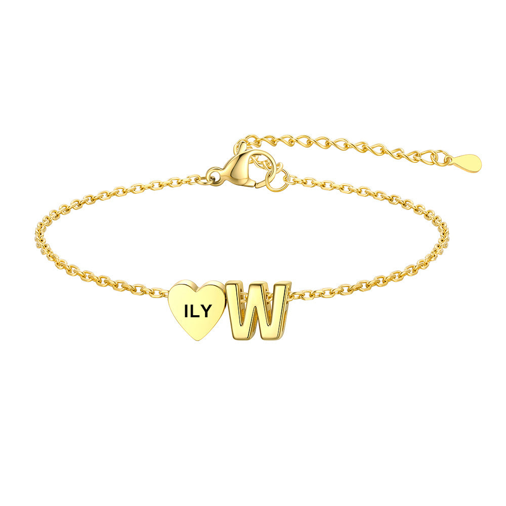 Personalized Heart Initial W Bracelet for Women Gold Plated