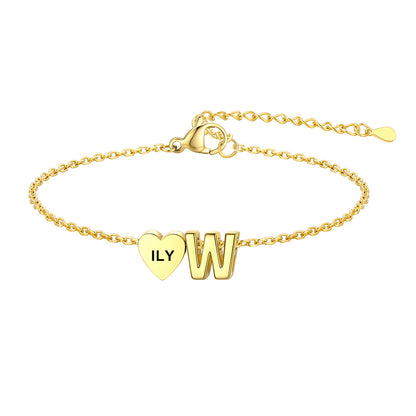 Personalized Heart Initial W Bracelet for Women Gold Plated