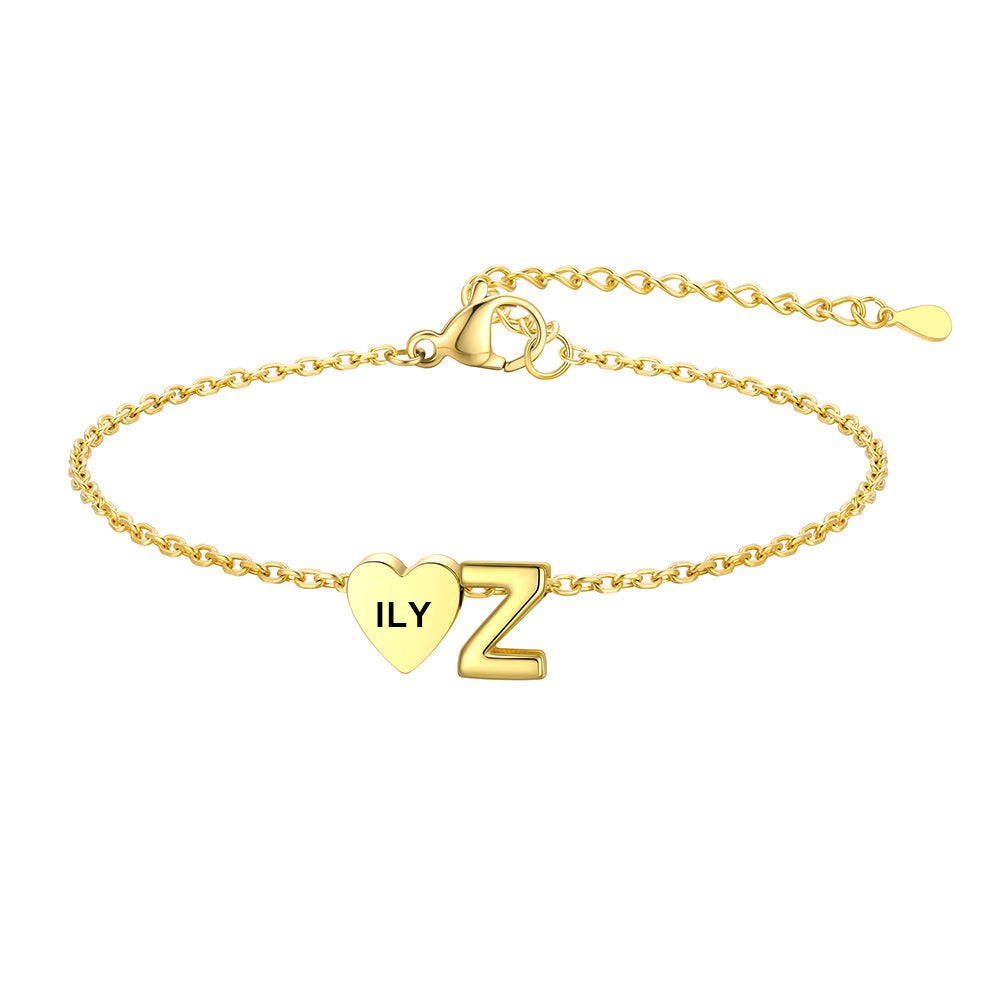 Personalized Heart Initial Z Bracelet for Women Gold Plated