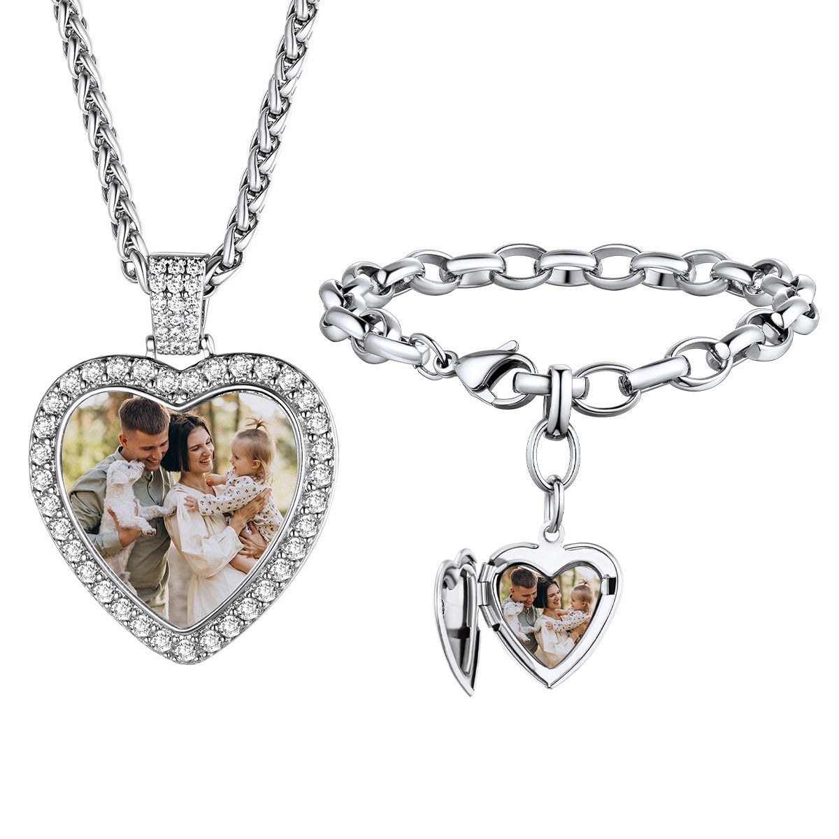 Personalized Heart Photo Necklace & Locket Bracelet Set on a white background