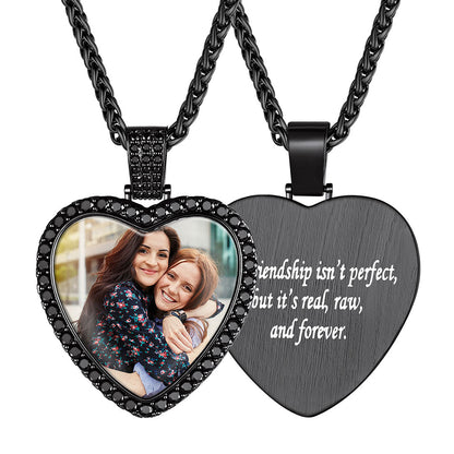 Personalized Heart Photo Pendant Necklace With Black Cubic Zirconia on a white background