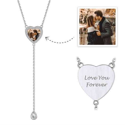 Personalized Heart Photo Y-Shaped Lariat Necklace Sterling Silver
