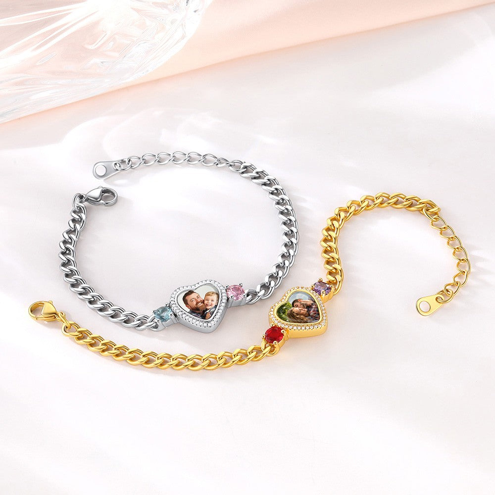 Personalized Heart Picture Birthstone Cuban Chain Bracelet