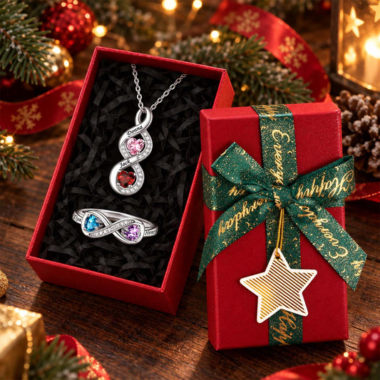 Personalized Infinity Birthstone Necklace and Ring Set for Women with xmas gift box