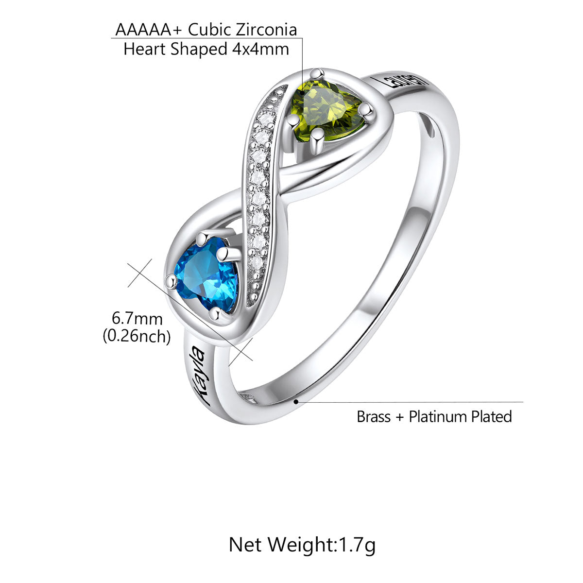 Personalized Infinity Birthstone Ring for Women on a white background Dimension, Solid