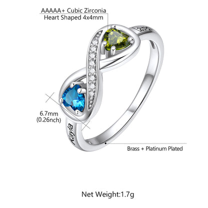 Personalized Infinity Birthstone Ring for Women on a white background Dimension, Solid