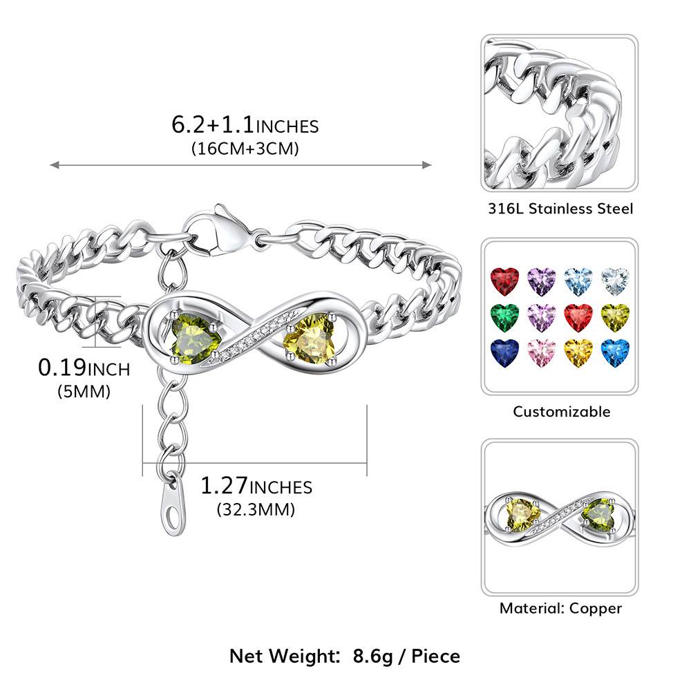 Personalized Infinity Heart Birthstone Cuban Link Bracelet: Dimension, Durable