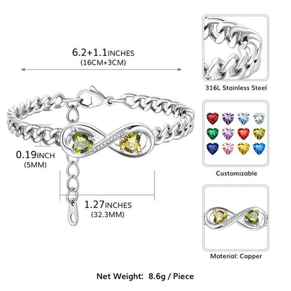 Personalized Infinity Heart Birthstone Cuban Link Bracelet: Dimension, Durable