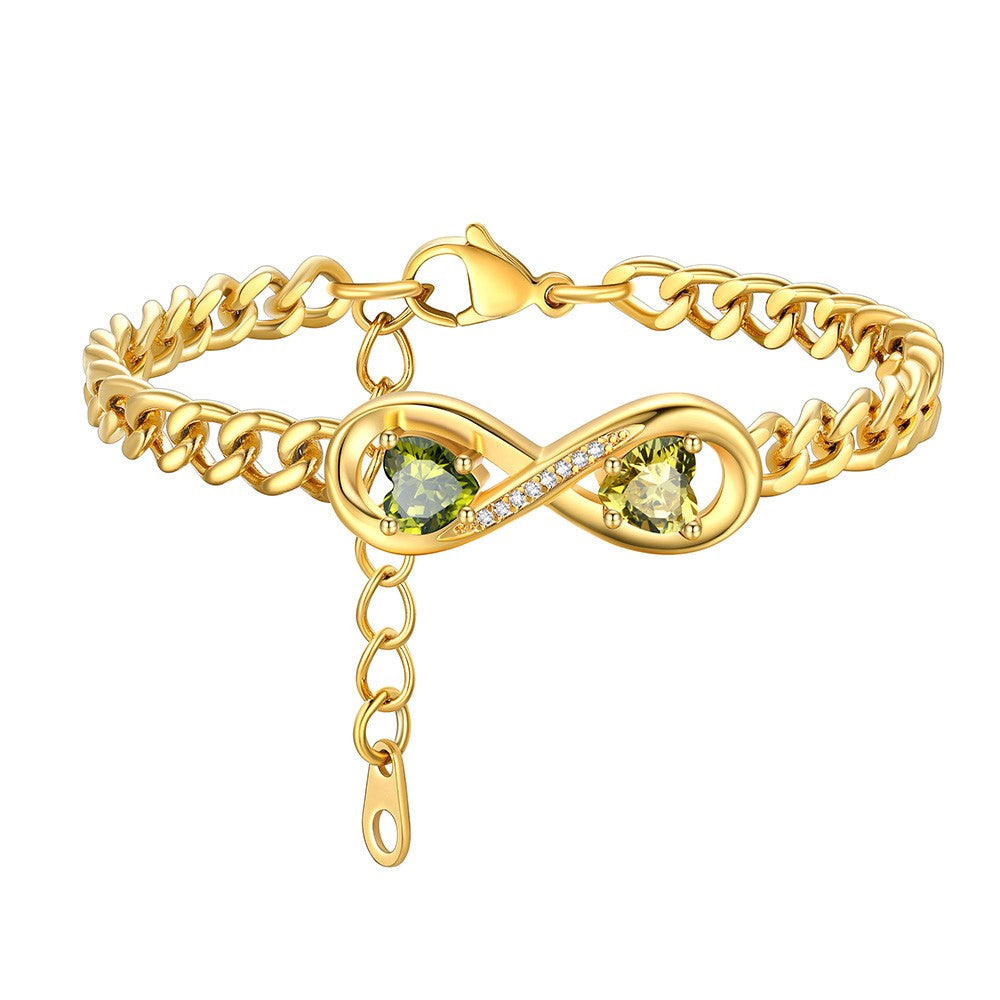 Personalized Infinity Heart Birthstone Cuban Link Bracelet Gold Plated