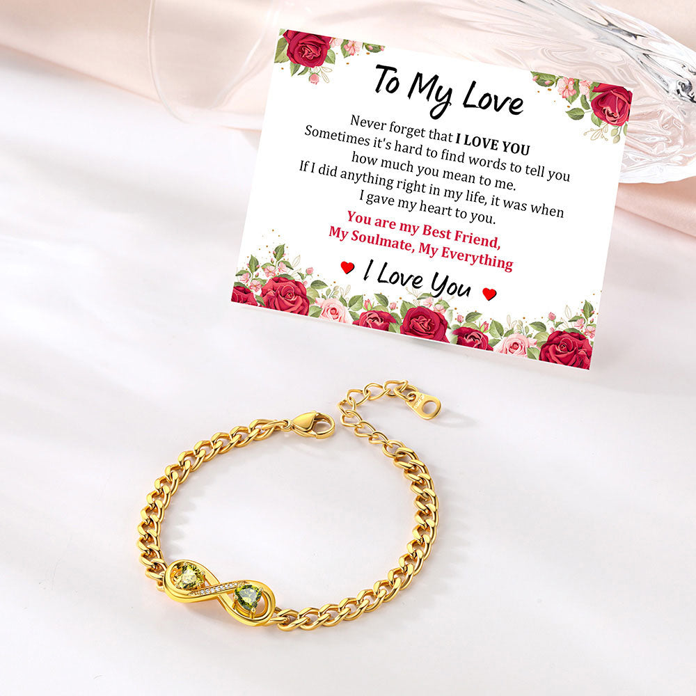 Personalized Infinity Heart Birthstone Cuban Link Bracelet with greeting card