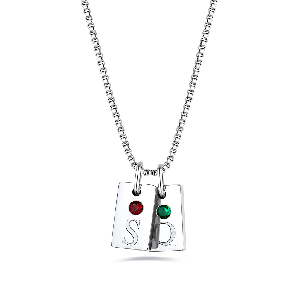Personalized Initial Birthstone 2 Tags Necklace on a white background