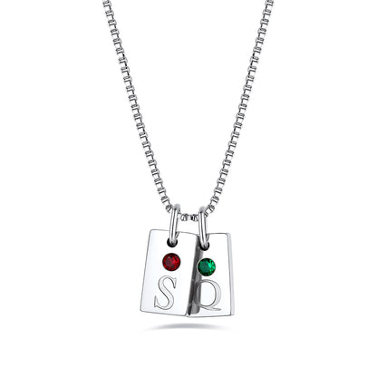 Personalized Initial Birthstone 2 Tags Necklace on a white background