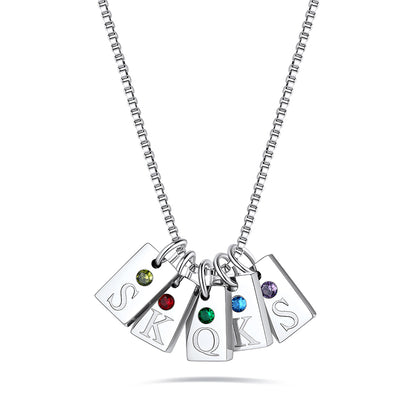Personalized Initial Birthstone 5 Tags Necklace on a white background