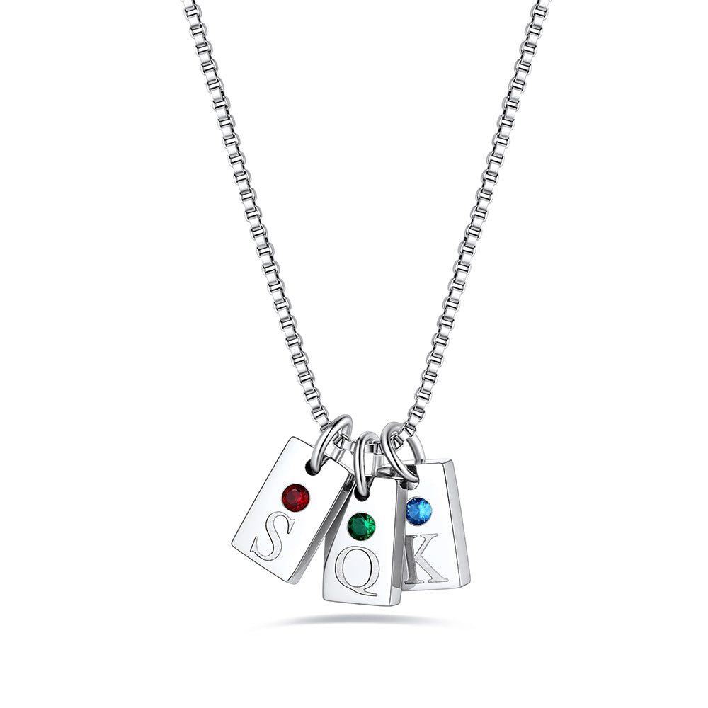 Personalized Initial Birthstone Tag Necklace on a white background