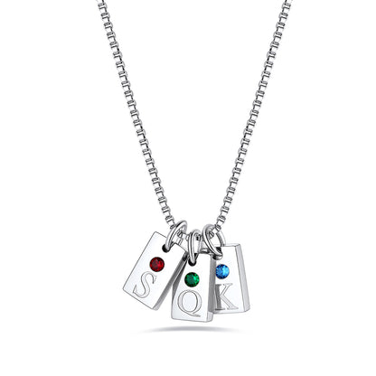 Personalized Initial Birthstone Tag Necklace on a white background