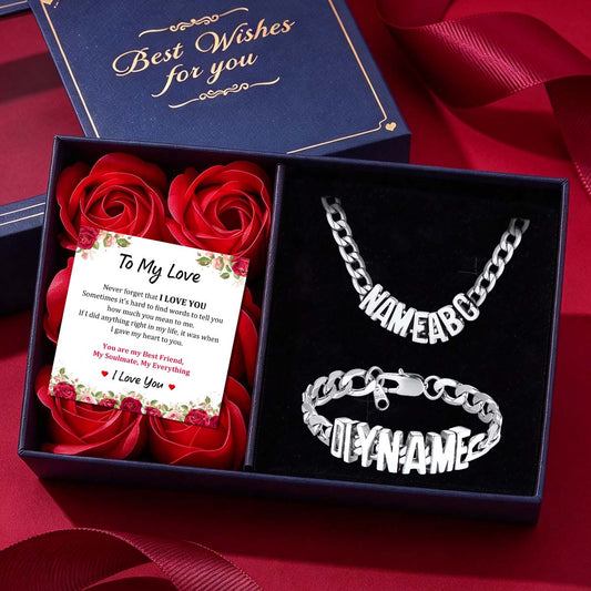 Personalized Initial Name Chain Necklace & Bracelet Set with blue rose gift box