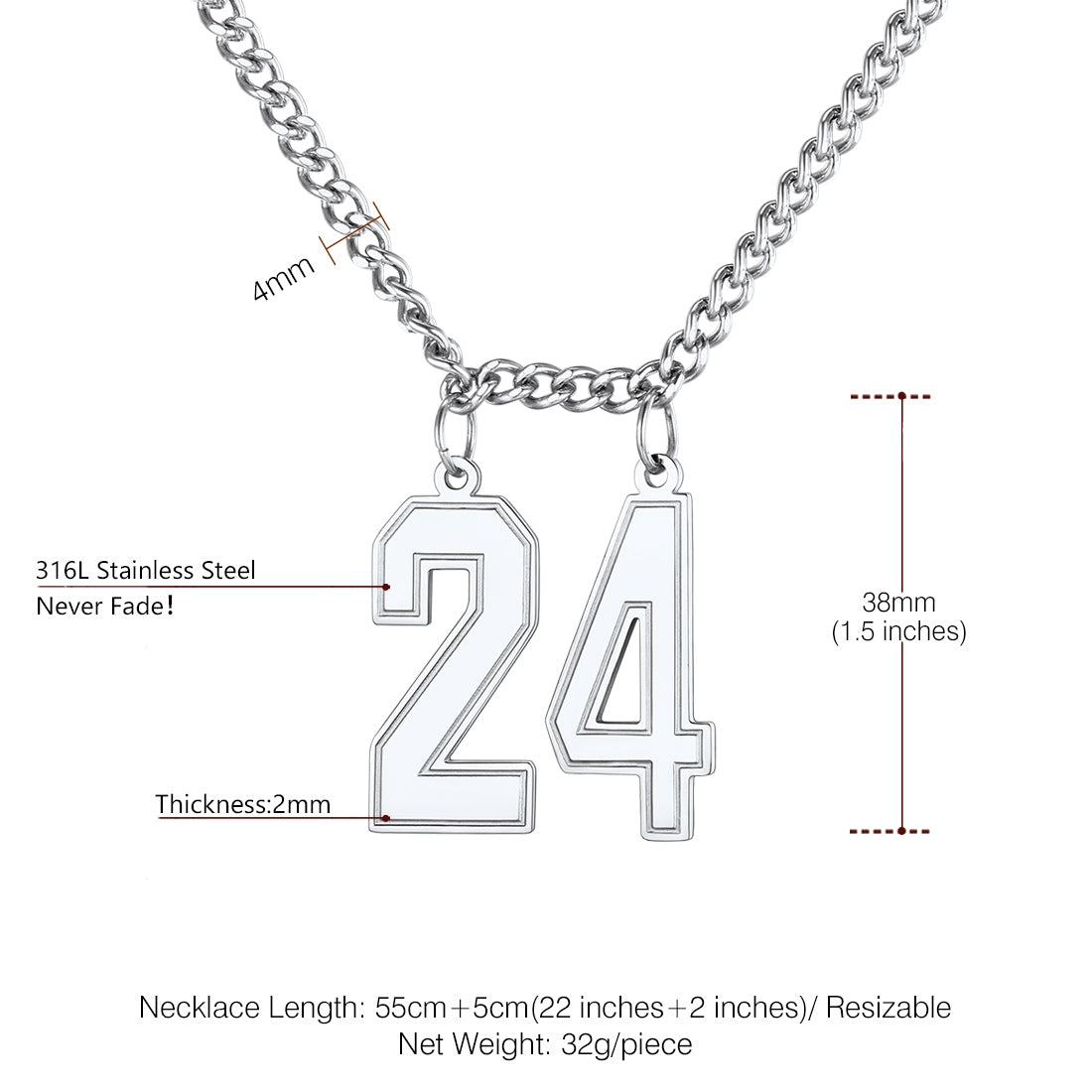 Personalized Jersey Number Necklace Dimension, Durable, Solid