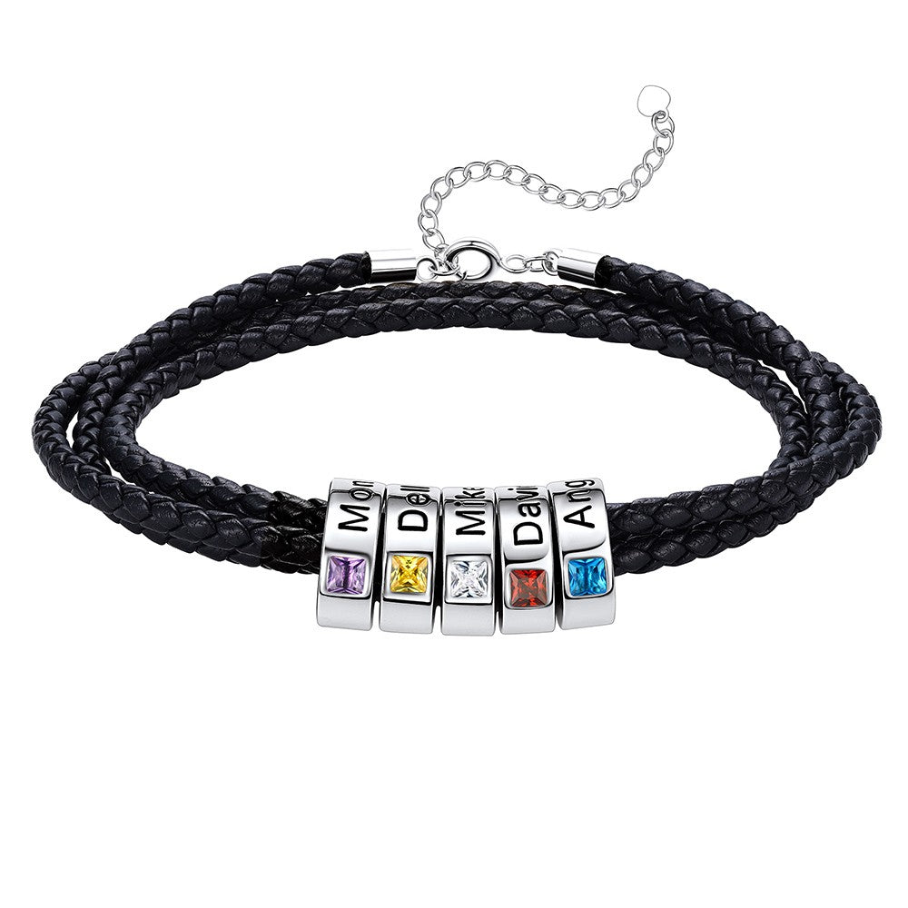 Personalized Leather Braided Bracelet with Birthstone Beads