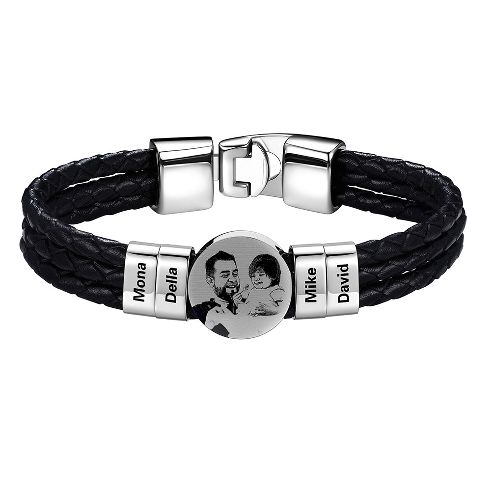 Personalized Leather Braided Photo Bracelet with Engraving Beads