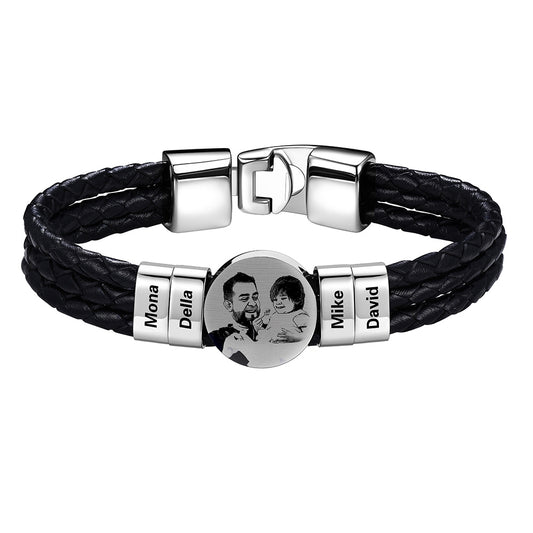 Personalized Leather Braided Photo Bracelet with Engraving Beads