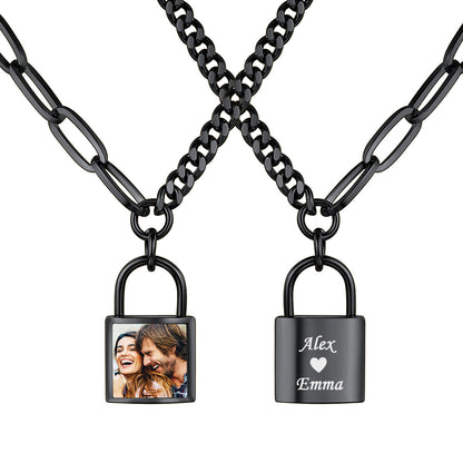 Personalized Lock Chian Necklace Black Plated