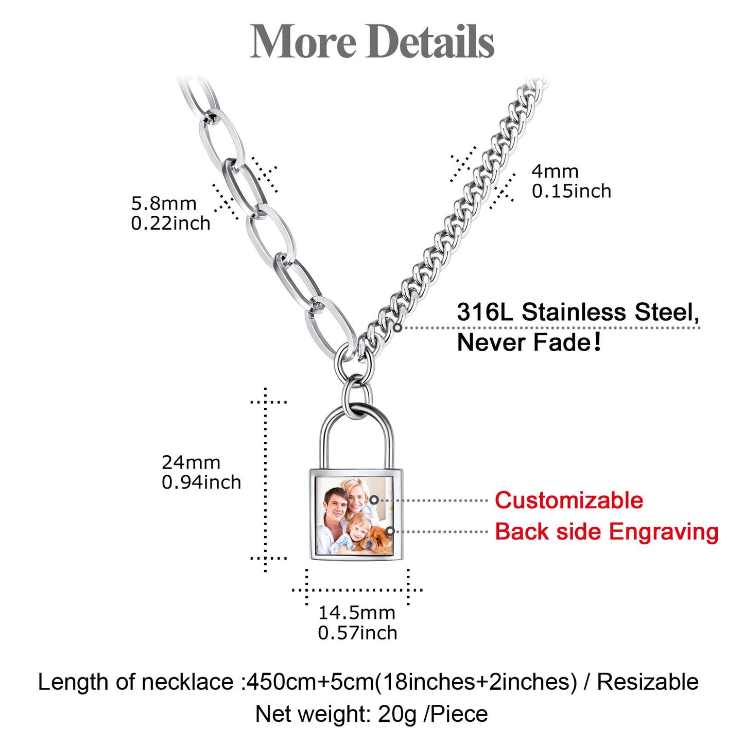 Personalized Lock Chian Necklace Dimension, Durable