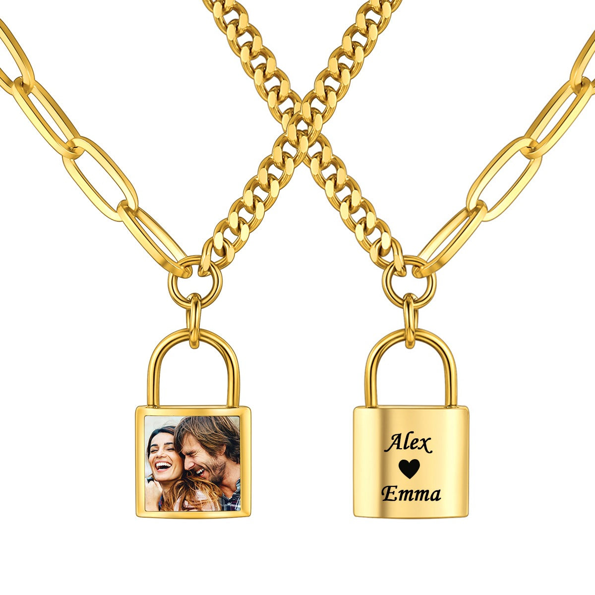Personalized Lock Chian Necklace with Photo Gold Plated