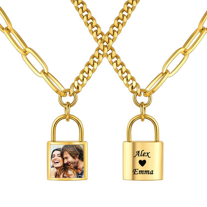 Personalized Lock Chian Necklace with Photo Gold Plated